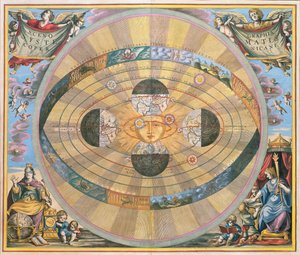 シーングラフィア：ニコラウスコペルニクス（1473-1543）によって考案されたシステマティスコペルニカニ占星術チャート（c.1543）、「天空のアトラス、または宇宙の調和」、1660年（手描きの彫刻）